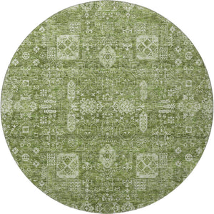 HomeRoots 8' Artichoke Green & Ivory Floral Round Rug - Washable, UV Protected, and Stain-Resistant Design 653347