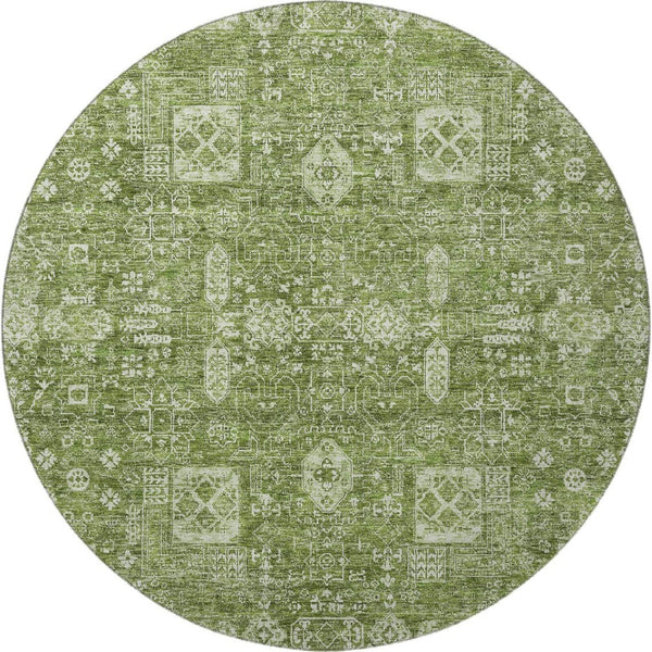 HomeRoots 8' Artichoke Green & Ivory Floral Round Rug - Washable, UV Protected, and Stain-Resistant Design 653347
