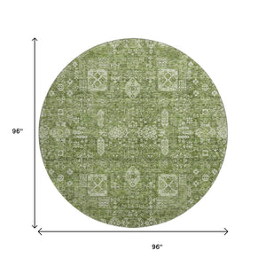 HomeRoots 8' Artichoke Green & Ivory Floral Round Rug - Washable, UV Protected, and Stain-Resistant Design 653347