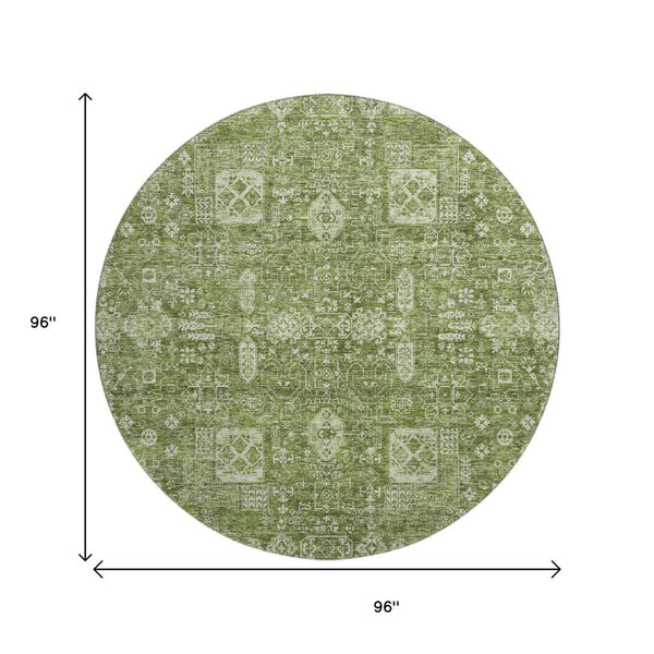 HomeRoots 8' Artichoke Green & Ivory Floral Round Rug - Washable, UV Protected, and Stain-Resistant Design 653347