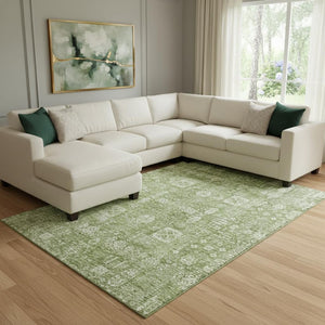 HomeRoots 8' X 10' Artichoke Green Floral Area Rug - Washable, UV Protected, Durable Design for High-Traffic Areas 653348