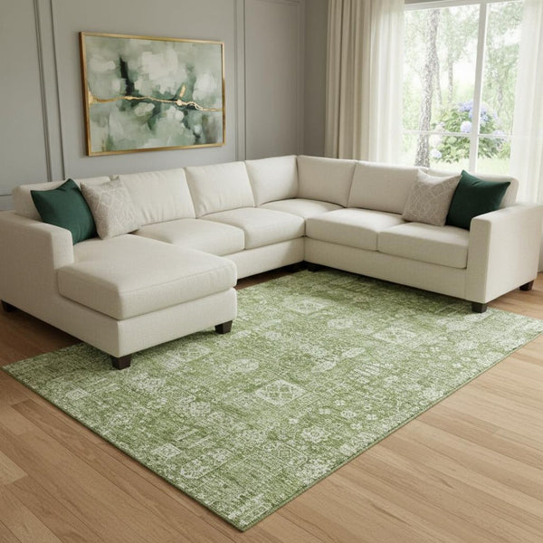 HomeRoots 8' X 10' Artichoke Green Floral Area Rug - Washable, UV Protected, Durable Design for High-Traffic Areas 653348