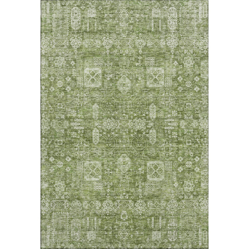 HomeRoots 8' X 10' Artichoke Green Floral Area Rug - Washable, UV Protected, Durable Design for High-Traffic Areas 653348