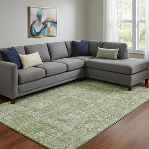 HomeRoots 9' X 12' Artichoke Green Floral Area Rug - Washable, UV-Protected, Stain-Resistant for Busy Homes 653349
