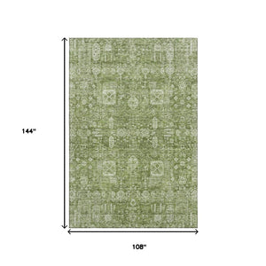 HomeRoots 9' X 12' Artichoke Green Floral Area Rug - Washable, UV-Protected, Stain-Resistant for Busy Homes 653349