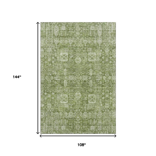 HomeRoots 9' X 12' Artichoke Green Floral Area Rug - Washable, UV-Protected, Stain-Resistant for Busy Homes 653349