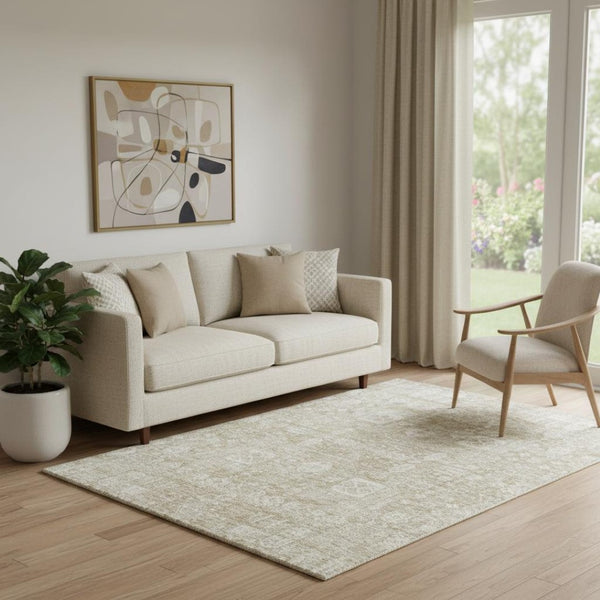 HomeRoots 5' X 8' Beige And Ivory Floral Area Rug – Washable, Stain-Resistant, UV Protected for Busy Homes 653352