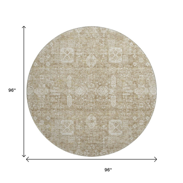 HomeRoots 8' Beige Floral Round Washable Rug - Stain-Resistant, UV Protected, Durable & Stylish for Homes! 653353