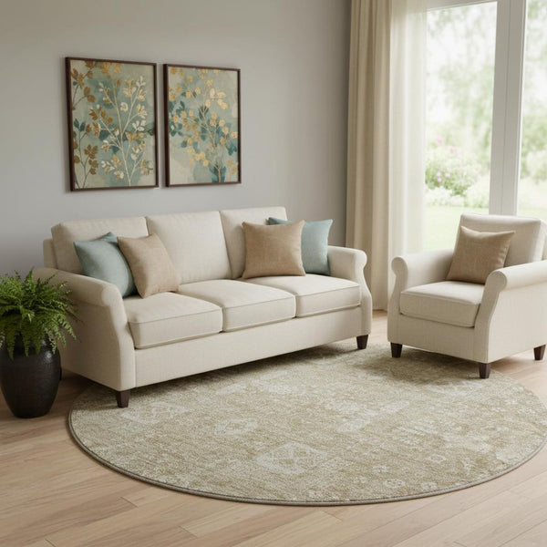 HomeRoots 8' Beige Floral Round Washable Rug - Stain-Resistant, UV Protected, Durable & Stylish for Homes! 653353