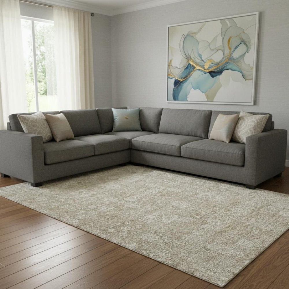 HomeRoots 10' Beige & Ivory Floral Washable Area Rug - UV Protection, Stain Resistant, Perfect for Family Spaces! 653356