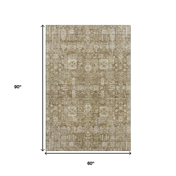 HomeRoots 5' X 8' Floral Area Rug in Brown & Ivory – Stain Resistant, Machine Washable with UV Protection! 653358