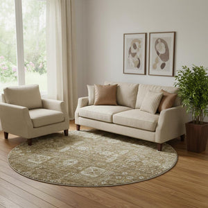 HomeRoots 8' Brown And Ivory Floral Round Rug - Washable, UV Protected, Stain-Resistant, Durable Design 653359
