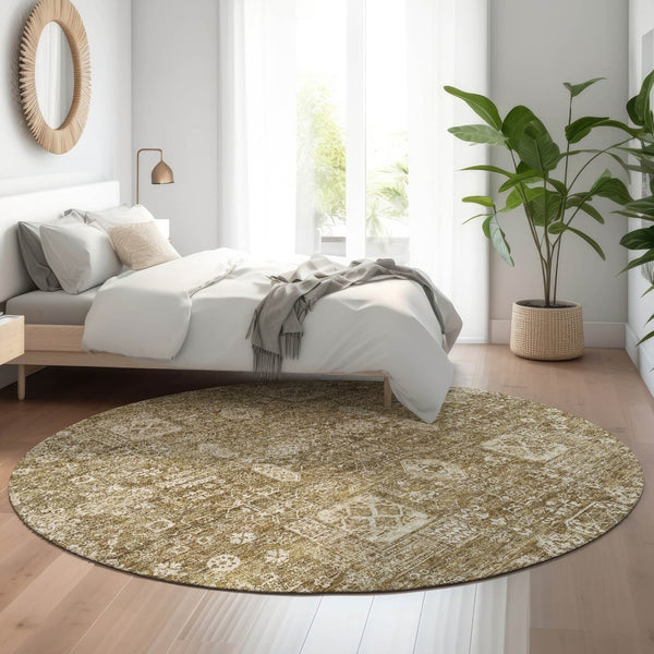 HomeRoots 8' Brown And Ivory Floral Round Rug - Washable, UV Protected, Stain-Resistant, Durable Design 653359