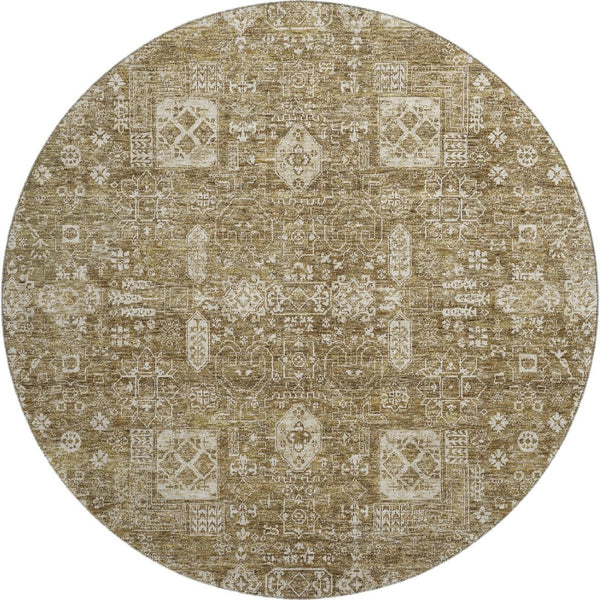 HomeRoots 8' Brown And Ivory Floral Round Rug - Washable, UV Protected, Stain-Resistant, Durable Design 653359