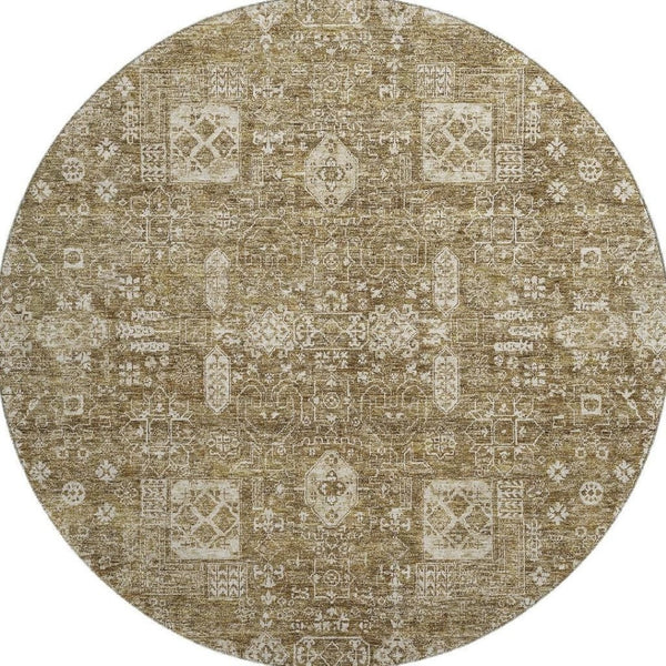 HomeRoots 8' Brown And Ivory Floral Round Rug - Washable, UV Protected, Stain-Resistant, Durable Design 653359