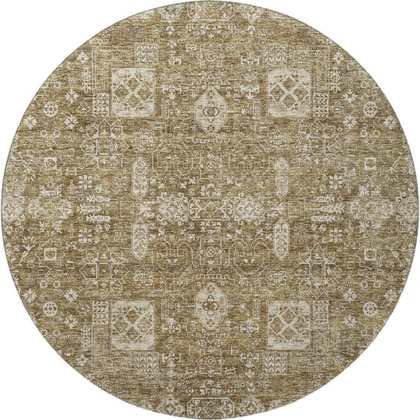 HomeRoots 8' Brown And Ivory Floral Round Rug - Washable, UV Protected, Stain-Resistant, Durable Design 653359