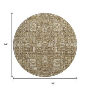 HomeRoots 8' Brown And Ivory Floral Round Rug - Washable, UV Protected, Stain-Resistant, Durable Design 653359