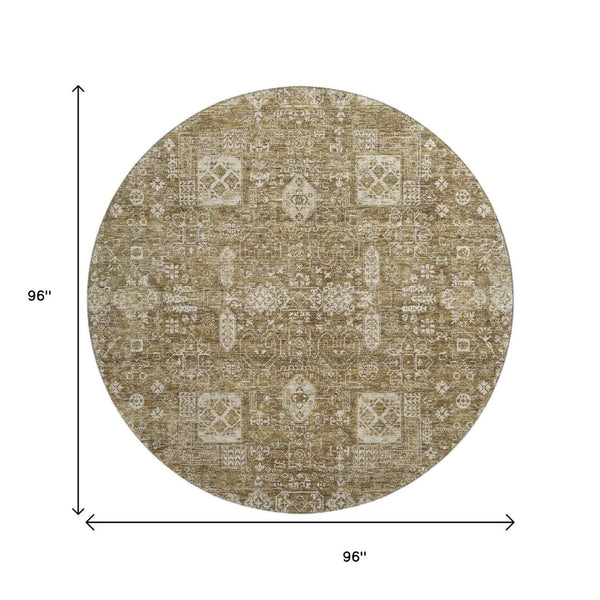 HomeRoots 8' Brown And Ivory Floral Round Rug - Washable, UV Protected, Stain-Resistant, Durable Design 653359