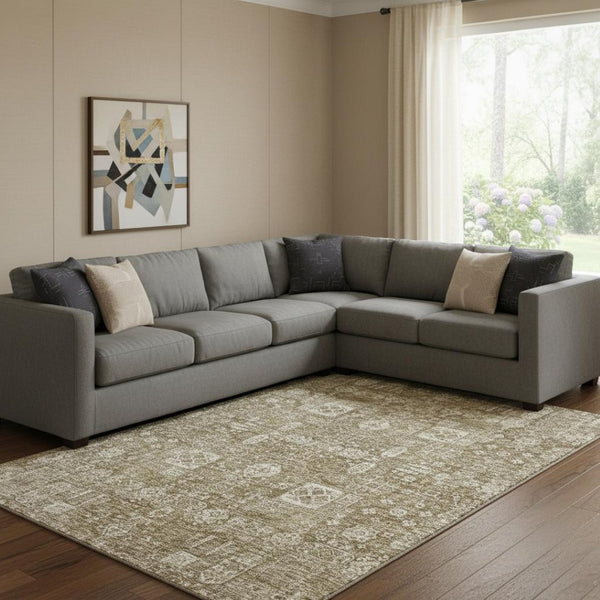HomeRoots 9' X 12' Brown & Ivory Floral Washable Area Rug - Durable, UV-Protected, Stylish for Homes with Kids & Pets 653361