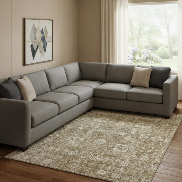 HomeRoots 10' X 14' Brown and Ivory Floral Area Rug – Washable, Stain-Resistant, UV Protected for Busy Homes 653362