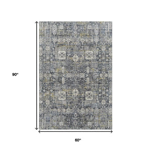 HomeRoots 5' X 8' Charcoal Ivory Gold Floral Area Rug - Washable, UV Protected, Stain Resistant for Homes 653364