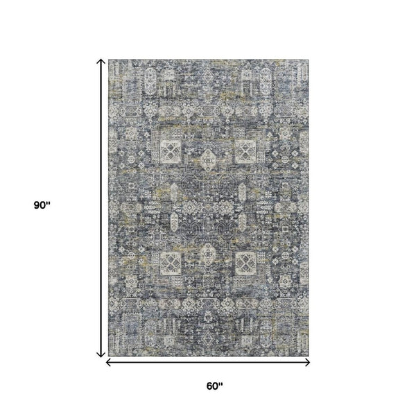 HomeRoots 5' X 8' Charcoal Ivory Gold Floral Area Rug - Washable, UV Protected, Stain Resistant for Homes 653364