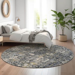 HomeRoots 8' Charcoal Ivory Gold Floral Round Rug - Washable, UV Protected, Stain-Resistant, Stylish Accent 653365