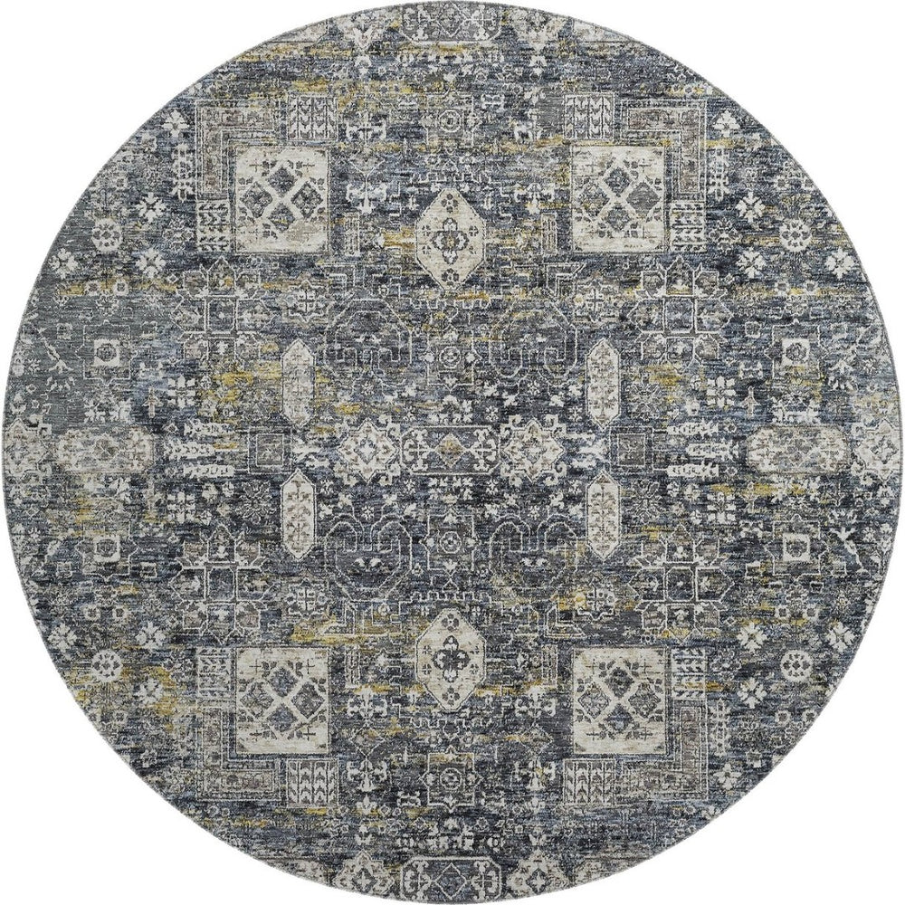 HomeRoots 8' Charcoal Ivory Gold Floral Round Rug - Washable, UV Protected, Stain-Resistant, Stylish Accent 653365