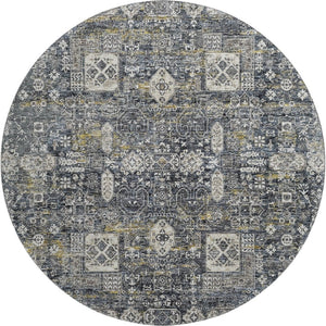 HomeRoots 8' Charcoal Ivory Gold Floral Round Rug - Washable, UV Protected, Stain-Resistant, Stylish Accent 653365