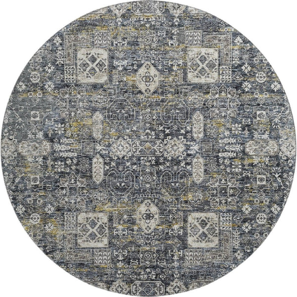 HomeRoots 8' Charcoal Ivory Gold Floral Round Rug - Washable, UV Protected, Stain-Resistant, Stylish Accent 653365