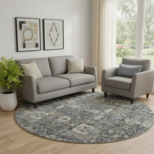 HomeRoots 8' Charcoal Ivory Gold Floral Round Rug - Washable, UV Protected, Stain-Resistant, Stylish Accent 653365