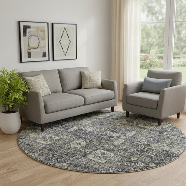 HomeRoots 8' Charcoal Ivory Gold Floral Round Rug - Washable, UV Protected, Stain-Resistant, Stylish Accent 653365