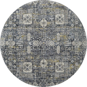 HomeRoots 8' Charcoal Ivory Gold Floral Round Rug - Washable, UV Protected, Stain-Resistant, Stylish Accent 653365