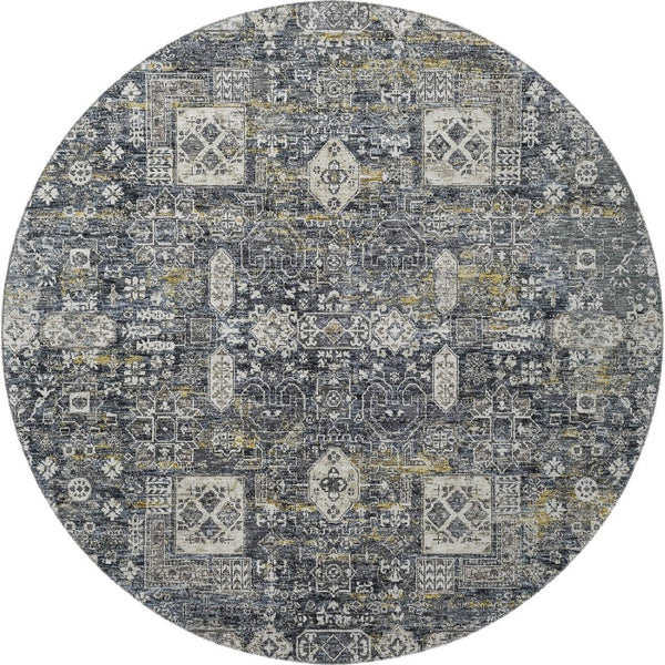 HomeRoots 8' Charcoal Ivory Gold Floral Round Rug - Washable, UV Protected, Stain-Resistant, Stylish Accent 653365