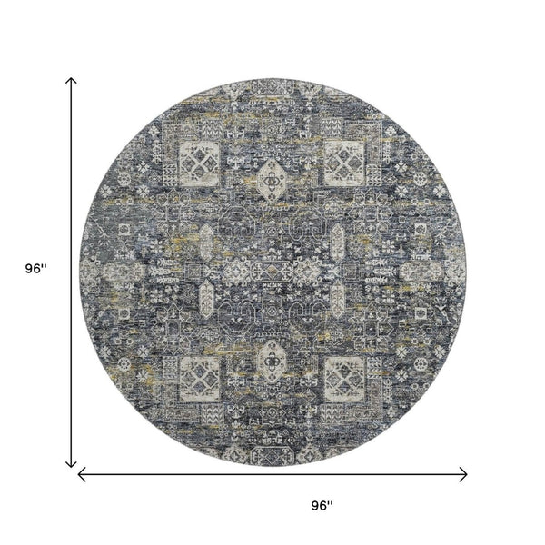 HomeRoots 8' Charcoal Ivory Gold Floral Round Rug - Washable, UV Protected, Stain-Resistant, Stylish Accent 653365