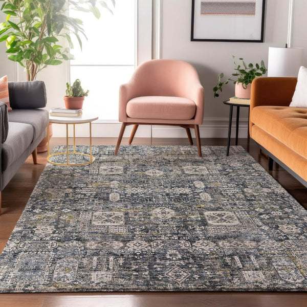 HomeRoots 8' X 10' Charcoal Ivory Gold Floral Area Rug - Durable, Washable & UV Resistant for Every Home Style 653366