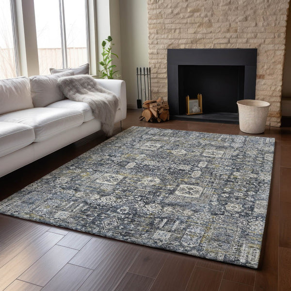 HomeRoots 8' X 10' Charcoal Ivory Gold Floral Area Rug - Durable, Washable & UV Resistant for Every Home Style 653366