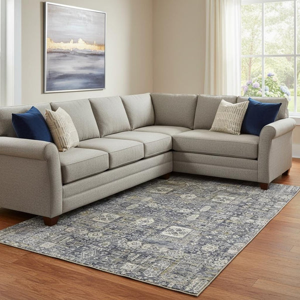 HomeRoots 9' X 12' Charcoal Ivory Gold Floral Area Rug - Washable, UV Protected, Stain Resistant for High Traffic Areas 653367