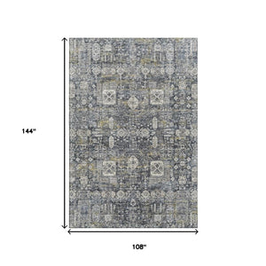 HomeRoots 9' X 12' Charcoal Ivory Gold Floral Area Rug - Washable, UV Protected, Stain Resistant for High Traffic Areas 653367