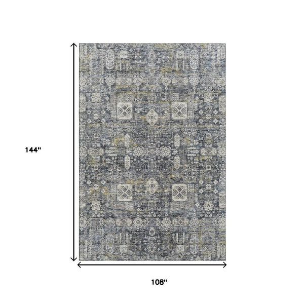 HomeRoots 9' X 12' Charcoal Ivory Gold Floral Area Rug - Washable, UV Protected, Stain Resistant for High Traffic Areas 653367