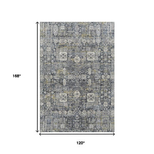HomeRoots 10' Charcoal Ivory Gold Floral Area Rug - Washable, UV Protected, Durable Design for Homes & Patios 653368