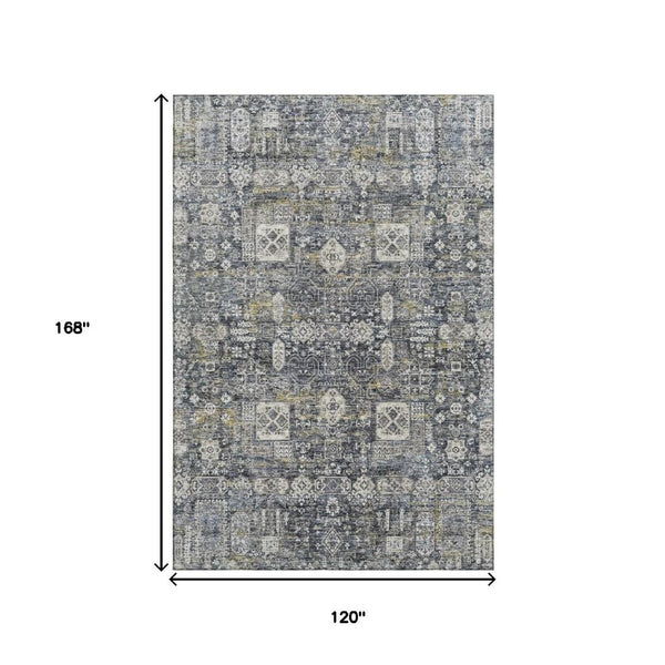 HomeRoots 10' Charcoal Ivory Gold Floral Area Rug - Washable, UV Protected, Durable Design for Homes & Patios 653368