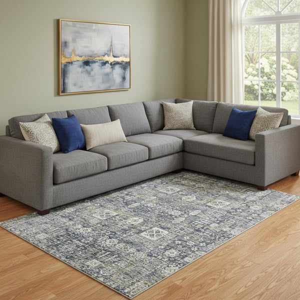 HomeRoots 10' Charcoal Ivory Gold Floral Area Rug - Washable, UV Protected, Durable Design for Homes & Patios 653368