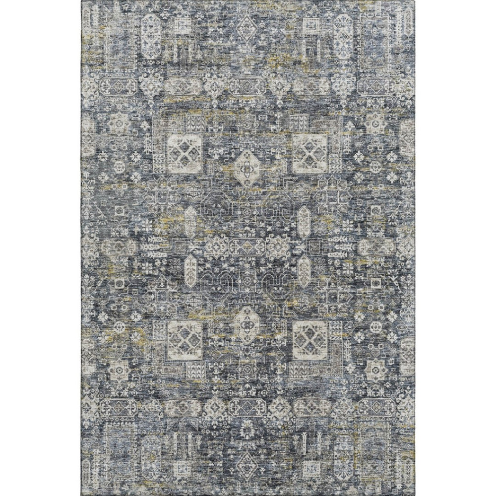 HomeRoots 10' Charcoal Ivory Gold Floral Area Rug - Washable, UV Protected, Durable Design for Homes & Patios 653368
