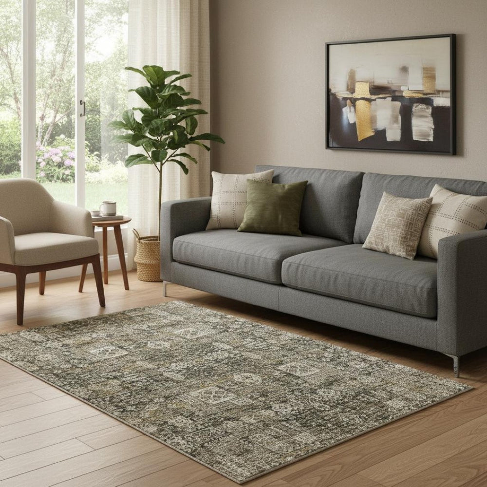 HomeRoots 5' X 8' Floral Area Rug in Coffee, Ivory, and Gold - Washable, UV-Protected, Perfect for Families! 653370