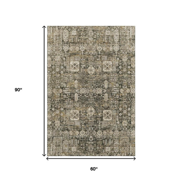 HomeRoots 5' X 8' Floral Area Rug in Coffee, Ivory, and Gold - Washable, UV-Protected, Perfect for Families! 653370