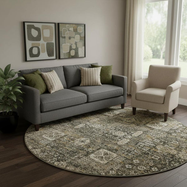 HomeRoots 8' Coffee Ivory and Gold Floral Round Rug - Washable, UV Protected, Ideal for High-Traffic Areas 653371