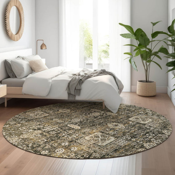 HomeRoots 8' Coffee Ivory and Gold Floral Round Rug - Washable, UV Protected, Ideal for High-Traffic Areas 653371