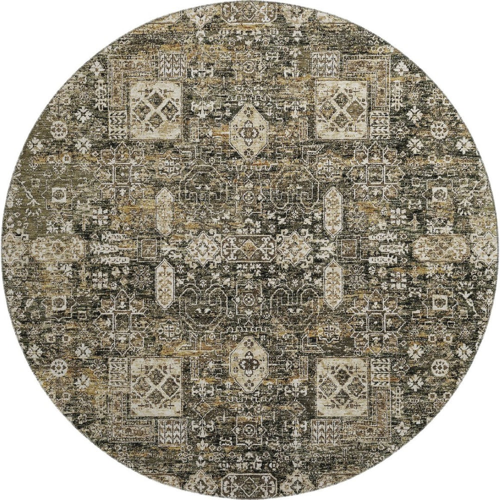 HomeRoots 8' Coffee Ivory and Gold Floral Round Rug - Washable, UV Protected, Ideal for High-Traffic Areas 653371
