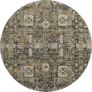 HomeRoots 8' Coffee Ivory and Gold Floral Round Rug - Washable, UV Protected, Ideal for High-Traffic Areas 653371